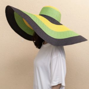 Chapeau en paille à bloc de couleur à large bord bohème pour plage