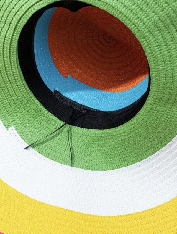 Chapeau en paille à bloc de couleur à large bord bohème pour plage