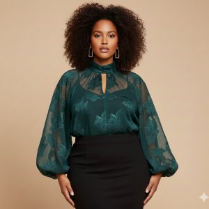 Blouse en Jacquard Dévoré Vert Émeraude à Manches Bouffantes