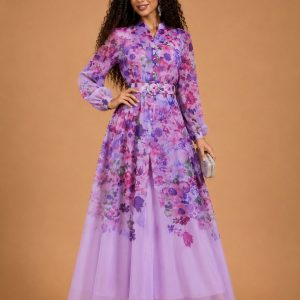 Robe longue florale lavande en mousseline
