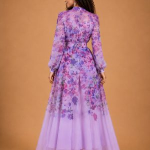 Robe longue florale lavande en mousseline