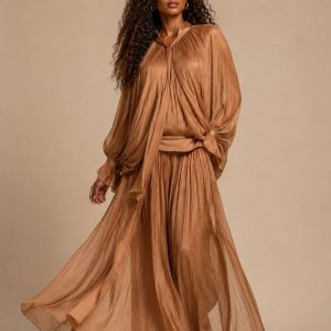 Robe Longue Plissée Bronze